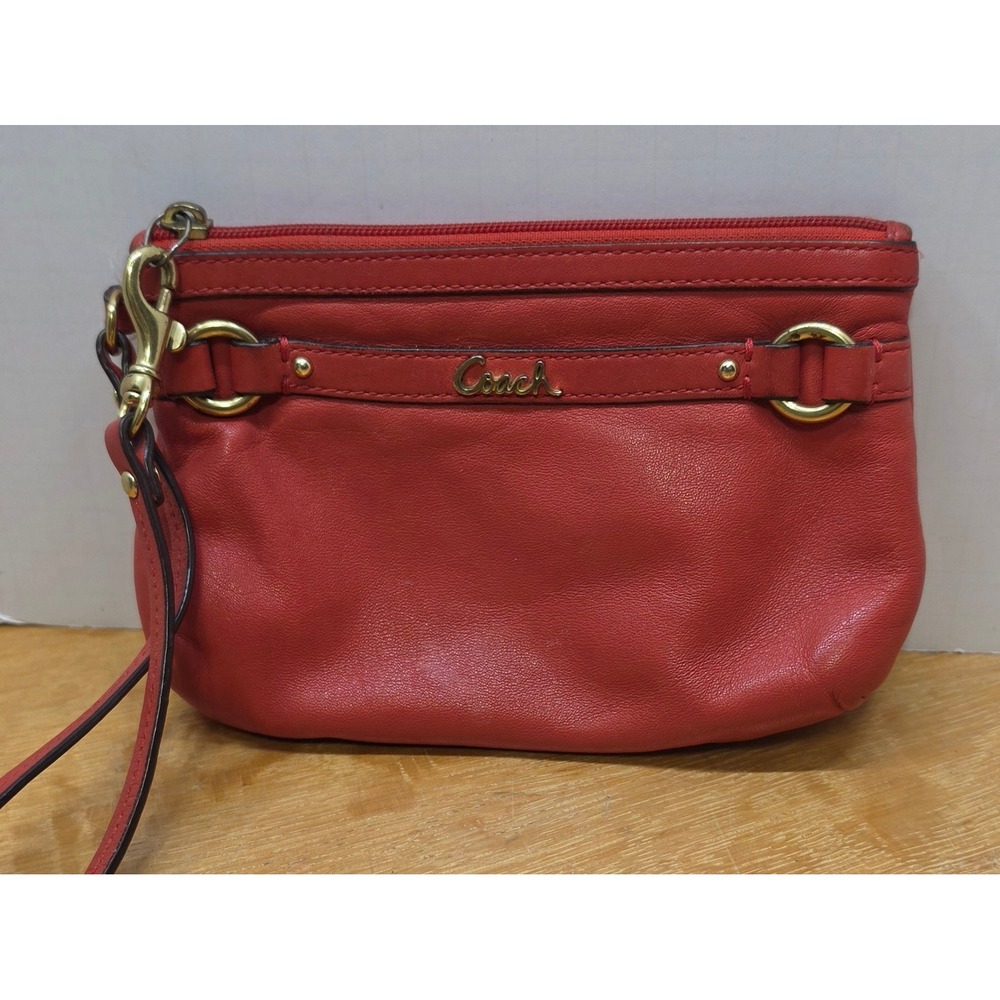 Coach Coral Leather Wristlet Pouch Gold Logo Hardware Small Clutch Bag